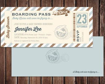 Pode incluir: Um convite para um chá de bebê em azul e marrom com o tema de avião, com o texto "Boarding Pass" e "Baby Lucas will soon be flying in..."  Junte-se a nós para um chá de bebê em homenagem a Jennifer Lee.  Localização: 8764 Forest Lane - Portland - Oregon.  Data: Sábado, 20 de setembro de 2014 às 14h00.  Kathryn está registrada na Pottery Barn.  RSVP: Katie 556-678-1234.