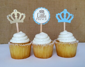 Vintage little Prince Baby Boy blue and gold Birthday / Baby Shower Cupcake Topper