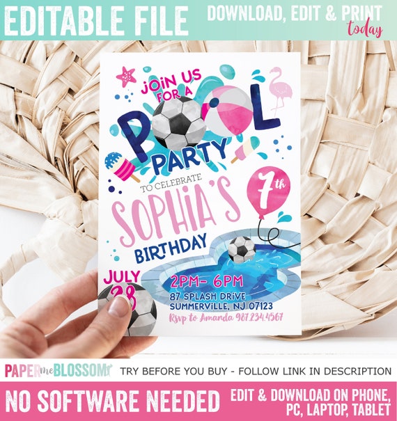 Editable Girl Soccer Summer Pool Party Birthday Invitation - Sports Pool Party Splish Splash Invite -Football Pink Soccer Pool Party 5x7 PDF