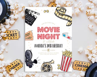 Invitación de cumpleaños editable para una noche de cine: invitación para una fiesta de cumpleaños con una película bajo las estrellas: fiesta de una noche de cine en el patio trasero, 5 x 7, PDF, bricolaje