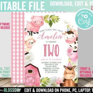 May include: A birthday invitation template featuring watercolour illustrations of a pig, sheep, cow, and horse, with a red barn and floral accents. The text reads Oink Cluck Baa Moo, Amelia is turning two, and includes event details for October 24th.