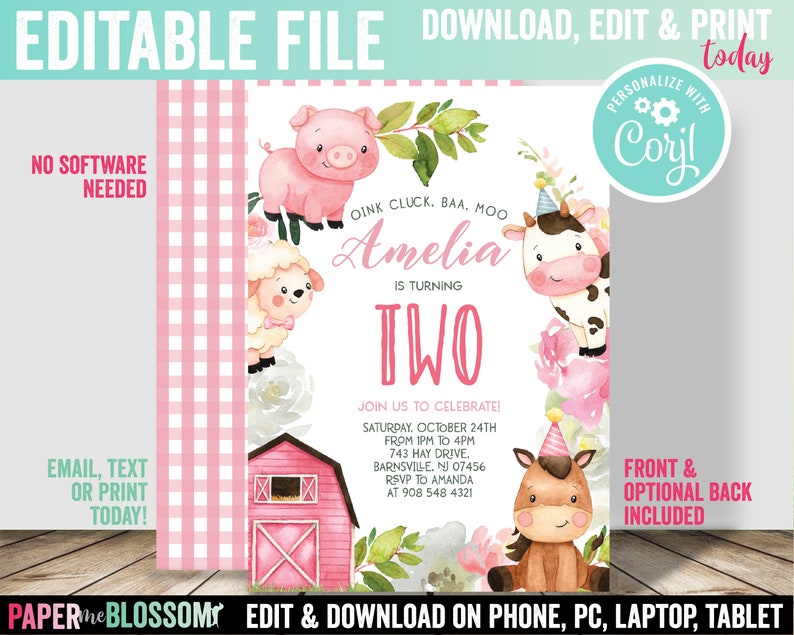 May include: A birthday invitation template featuring watercolour illustrations of a pig, sheep, cow, and horse, with a red barn and floral accents. The text reads Oink Cluck Baa Moo, Amelia is turning two, and includes event details for October 24th.