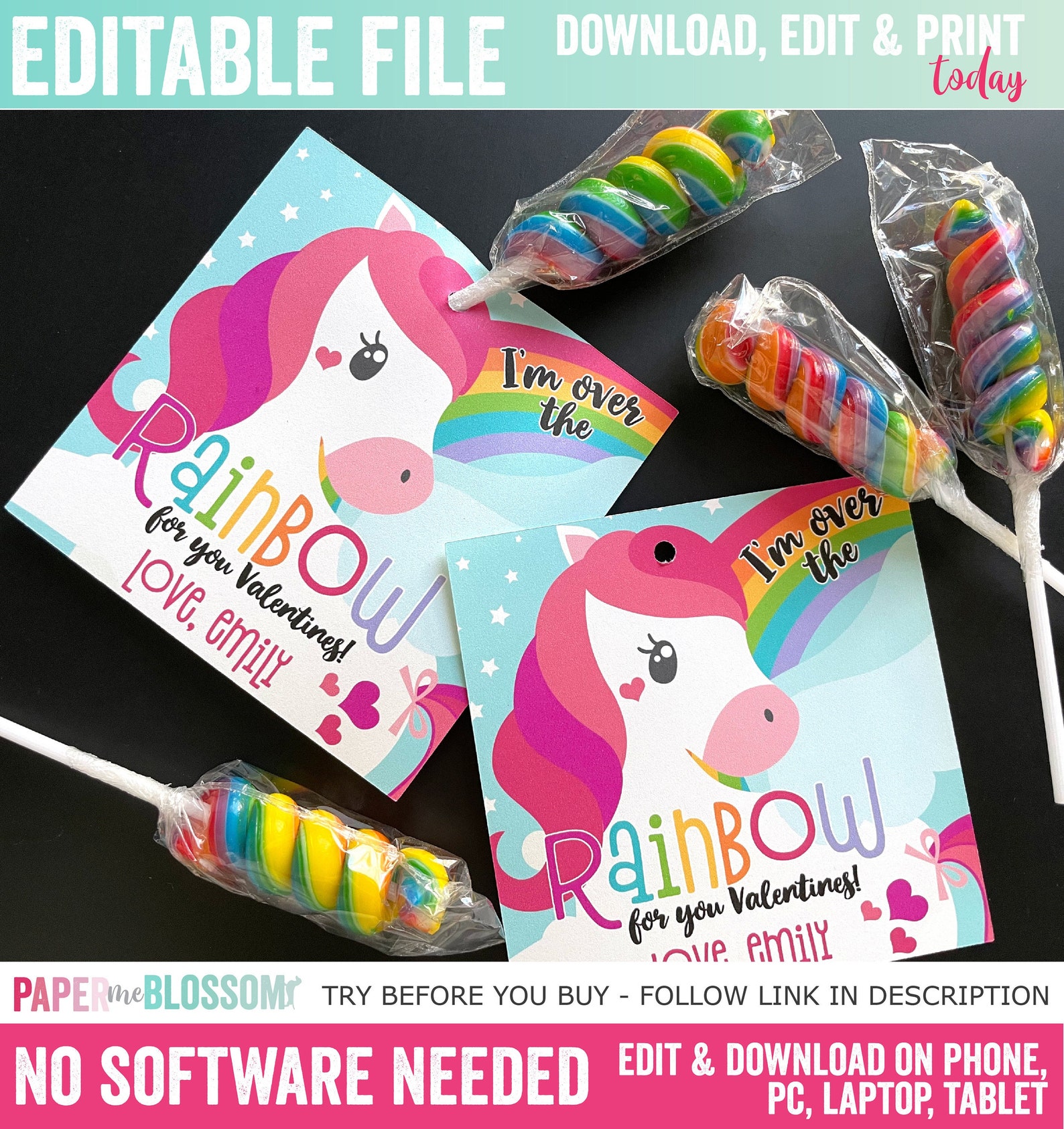 EDITABLE Valentines, I'm Over the Rainbow for You Valentines Day Kids ...
