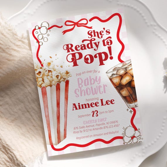 Editable She's Ready to POP Baby Shower Invitation - Popcorn Soda Pop Pink Checkered Invitation Boy or Girl Baby Shower Invite 5x7 PDF DIY