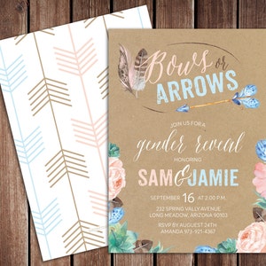 May include: A gender reveal invitation with the text "Bows or Arrows" in blue and pink. The invitation features floral and feather accents, with the names "Sam & Jamie" and event details. The back of the invitation has a pattern of arrows.
