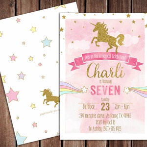 May include: Pink and gold unicorn birthday party invitation with a rainbow and stars. The invitation says "Join us for a magical celebration! Charli is turning SEVEN. Sunday, October 23, 2pm-6pm. 289 memphis drive, Ashburg TX 48463. RSVP by Oct 15. To Ashley (567) 385 1925"