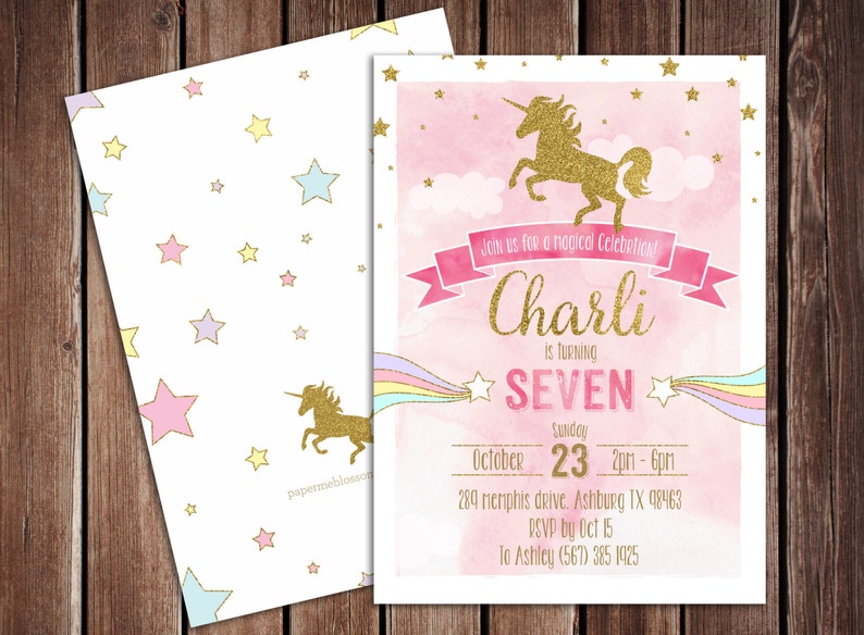 May include: Pink and gold unicorn birthday party invitation with a rainbow and stars. The invitation says "Join us for a magical celebration! Charli is turning SEVEN. Sunday, October 23, 2pm-6pm. 289 memphis drive, Ashburg TX 48463. RSVP by Oct 15. To Ashley (567) 385 1925"