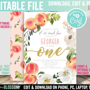 EDITABLE As Sweet as a Peach Birthday Party Invitation - 5x7 double sided - Little Peach Birthday Party -EDITABLE FILE