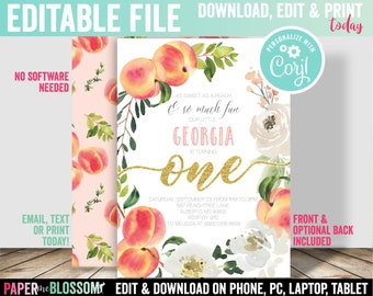 EDITABLE As Sweet as a Peach Birthday Party Invitation - 5x7 double sided - Little Peach Birthday Party -EDITABLE FILE