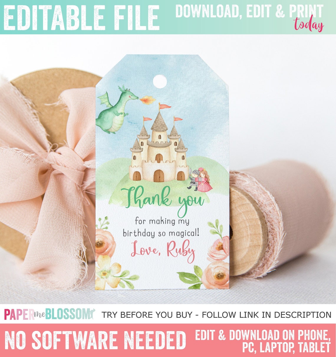 Editable Calling All Knights and Princesses Birthday Thank You Favor ...