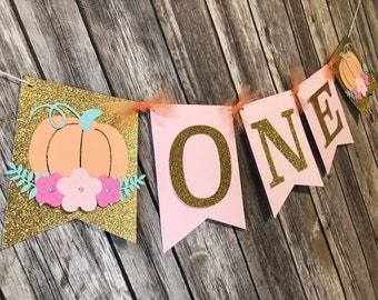 Little Pumpkin Floral Gold Glitter High Chair Birthday Banner - CUSTOM WORDING/colors available - Little Pumpkin FALL Happy Birthday Banner