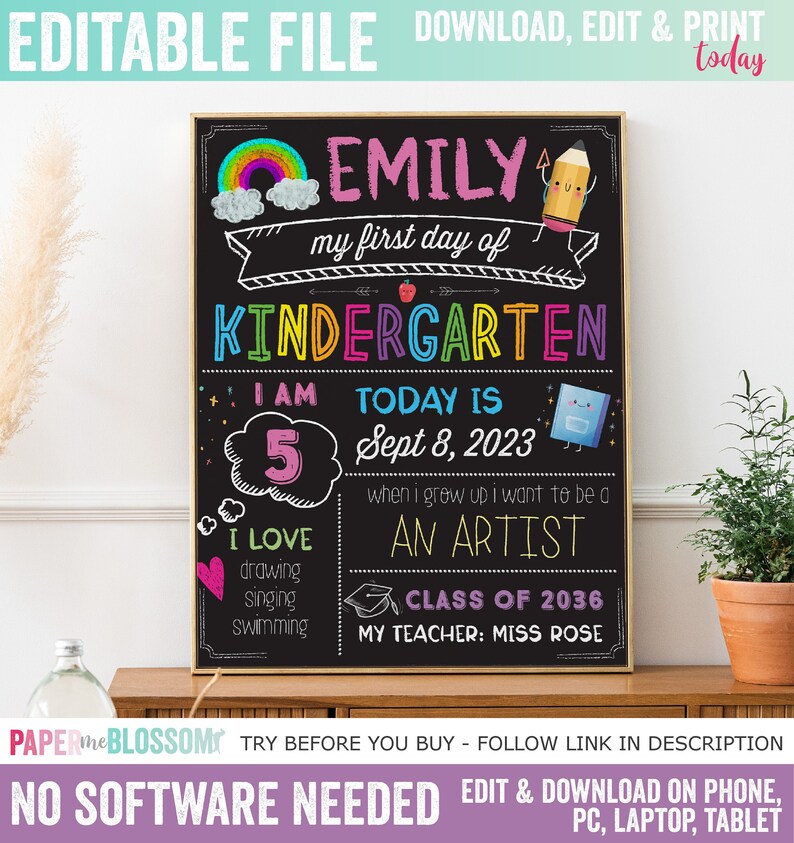 EDITABLE First Day of School Custom Sign - Back to School Chalkboard ...