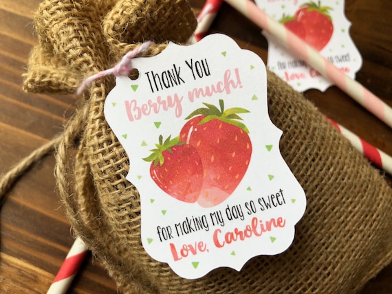 12 Strawberry Farm Picking CUSTOM Birthday favor tags - Berry Sweet Strawberry Party Gift Tags - Custom Name and Message - Farmers Market