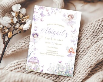 May include: Purple and white fairy-themed birthday invitation with a watercolor design. The invitation says "flutter on over to celebrate Abigail's 3rd Birthday".
