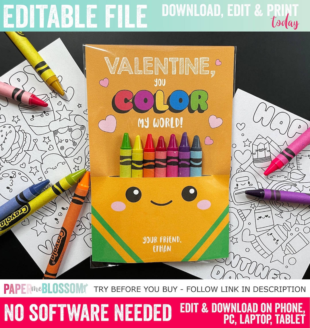 EDITABLE Valentines You Color My World Valentines Day Kids Gift Tag ...