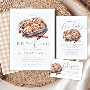 Invitation de baby shower modifiable chignon au four - livres bébé chignon aquarelle à la cannelle pour bébé/couches tombola shower Bundle PDF