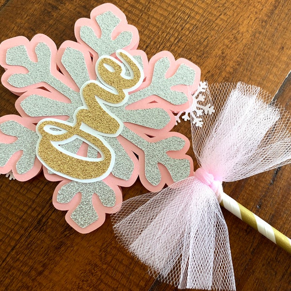 Winter Onederland Snowflake Pink and Gold/Silver Glitter Birthday Cake Topper - Snowflake Smash Cake Topper