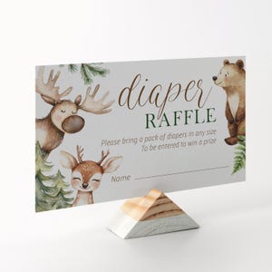 Editable Woodland Forest Animals Baby Shower Diaper Raffle Ticket - Baby Woodland Creatures Bear Dear Moose Insert Baby Shower PDF 2x3.5