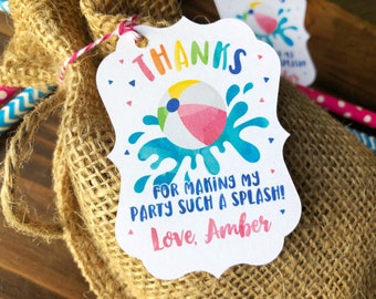 12 Splish Splash Tropical Summer Pool Party CUSTOM Thank You Favor Tags -  Summer Favor thank you tags - Girl Pool Party Favors