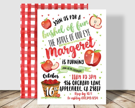 Apple Picking Birthday Party Printable PDF Invitation - 5x7 double sided - Bushel of Fun, the Apple of our Eye - Sweet Red Apple Invitation