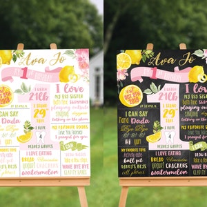 May include: A pink and yellow first birthday milestone poster with a chalkboard background. The poster features a lemon theme with a large number one, the name Ava Jo, and details about the child's first year, including weight, height, favorite foods, and activities.