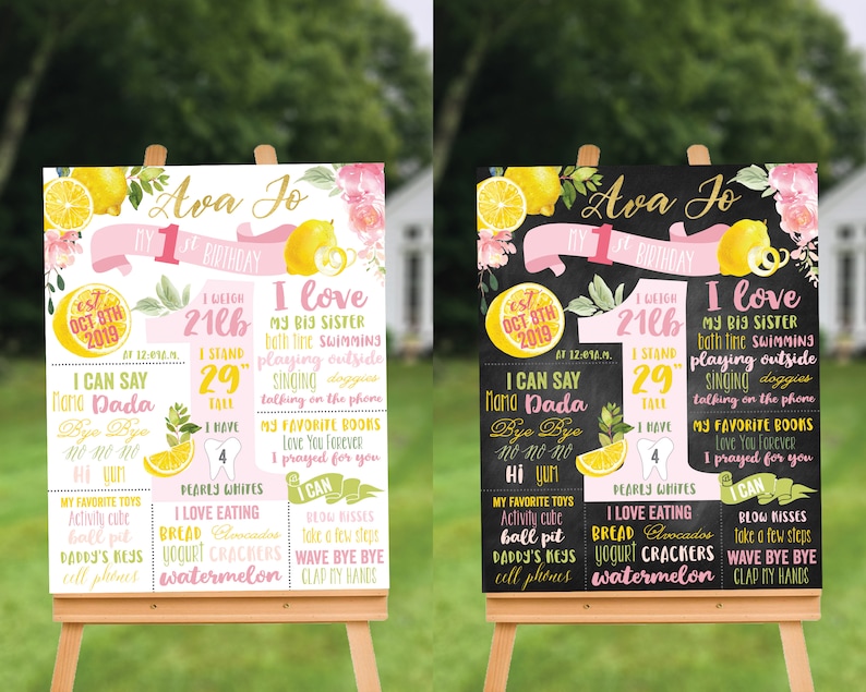 May include: A pink and yellow first birthday milestone poster with a chalkboard background. The poster features a lemon theme with a large number one, the name Ava Jo, and details about the child's first year, including weight, height, favorite foods, and activities.