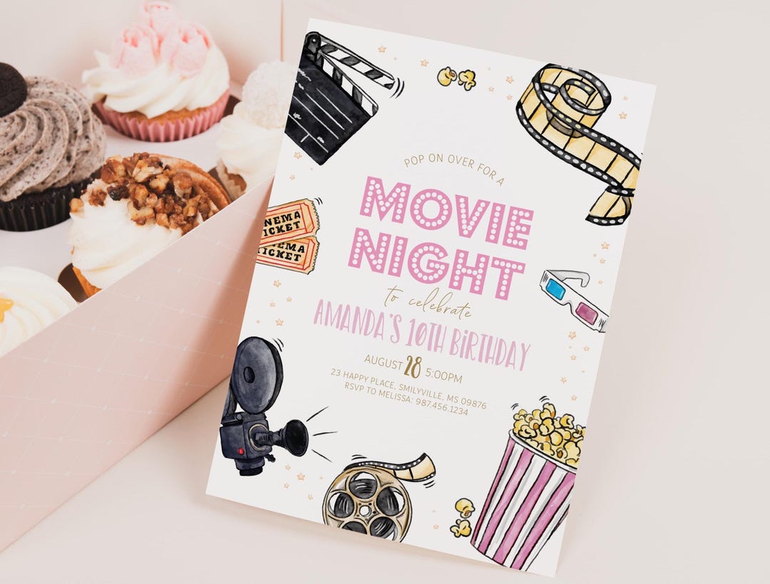 Editable Girl Movie Night Birthday Invitation - Under the Stars Movie ...
