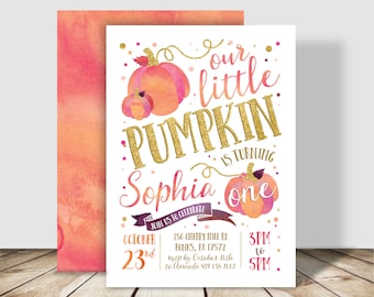 Our Little Pumpkin Birthday Invitation - Fall Pumpkin Printable PDF Invitation - 5x7 double sided - Fall Pink Gold Watercolor Invitation