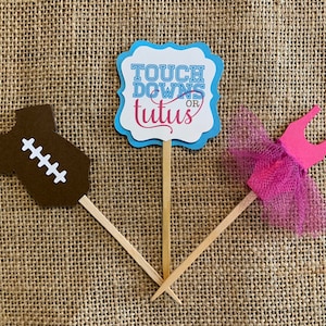 12 Touchdown or Tutus Football Gender reveal baby shower Cupcake Toppers - Quarterback or Cheerleader - Boy or Girl Cupcake Toppers
