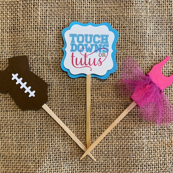 12 Touchdown or Tutus Football Gender reveal baby shower Cupcake Toppers - Quarterback or Cheerleader - Boy or Girl Cupcake Toppers