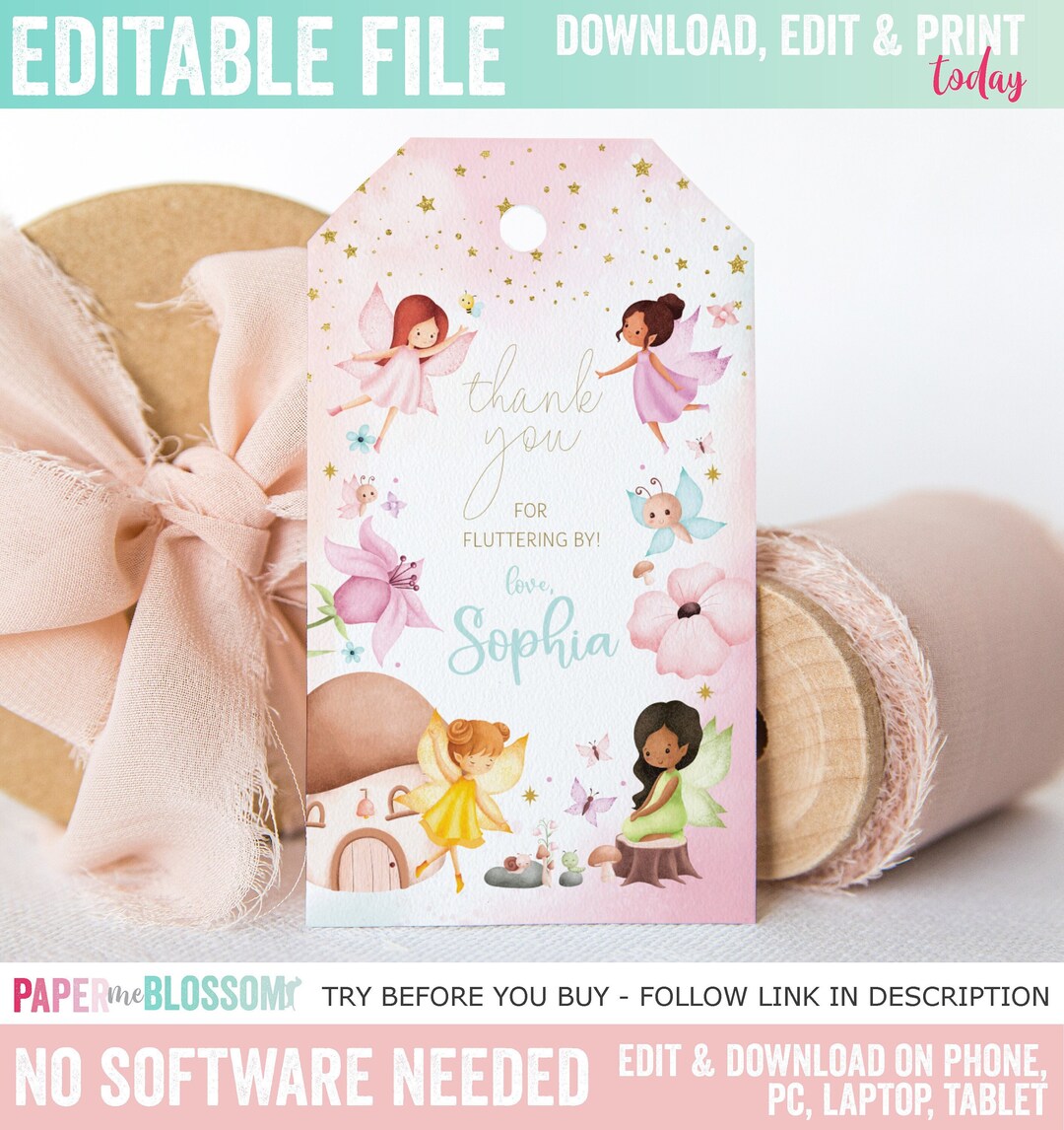 Editable Fairy Whimsical Enchanted Pixie Birthday Thank You Favor Tag ...