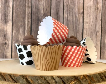 12 Farm Cupcake wrappers - Red Gingham Cupcake Wrappers -Cow print cupcake wrappers - Wood print cupcake wrappers