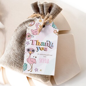 May include: Pink and white thank you tag with a flamingo wearing sunglasses and the text "Thank you for celebrating with me! Love, Sophia".