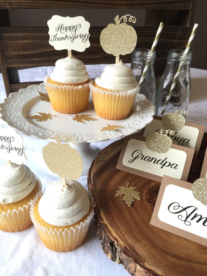 6 Thanksgiving Day Dinner tented Place Cards / Food Labels Glitter Pumpkin Escort cards image 2