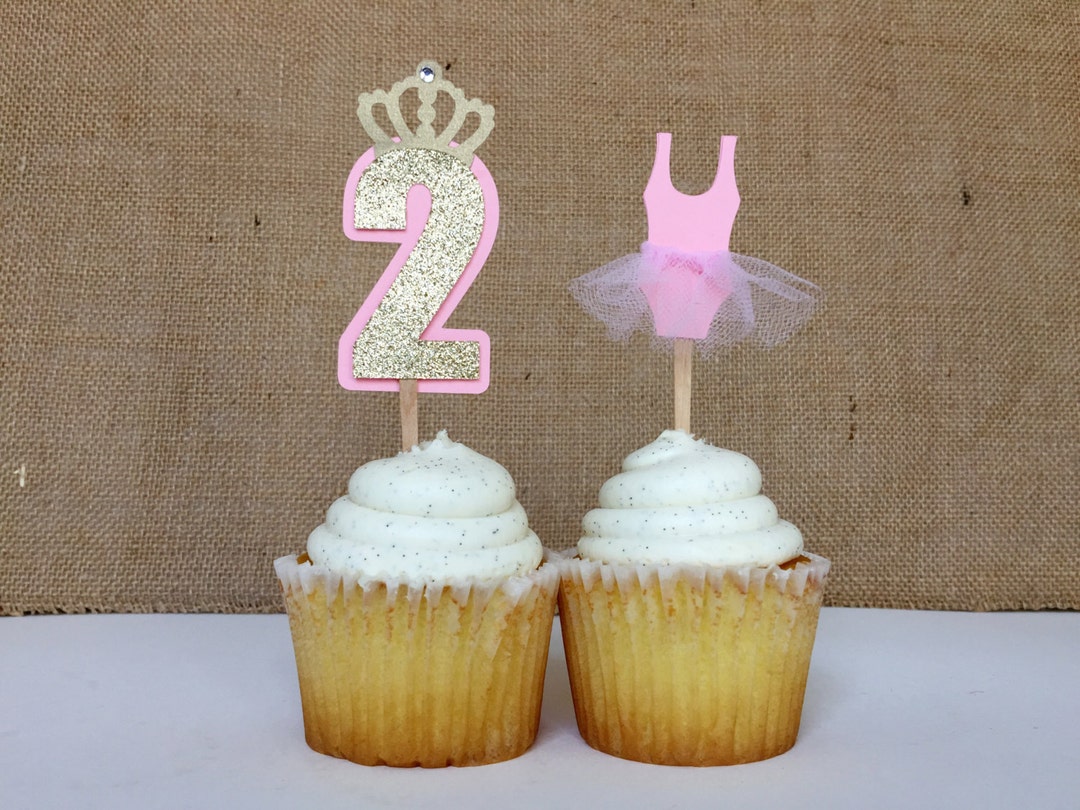 12 Pink and Gold Glitter Princess Tutu Crown Birthday Cupcake Toppers ...