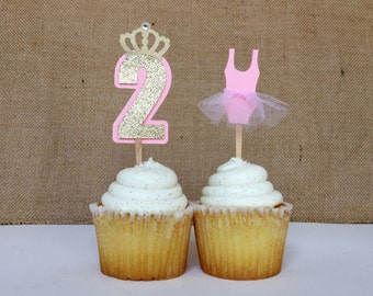 12 Pink and gold glitter princess tutu crown birthday cupcake toppers