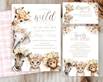 May include: A set of baby shower invitations and inserts with a watercolor safari animal theme. The invitation features a giraffe, elephant, zebra, cheetah, and monkey. The text reads "A Little Wild One is on the Way". Inserts include a diaper raffle and a request for books.