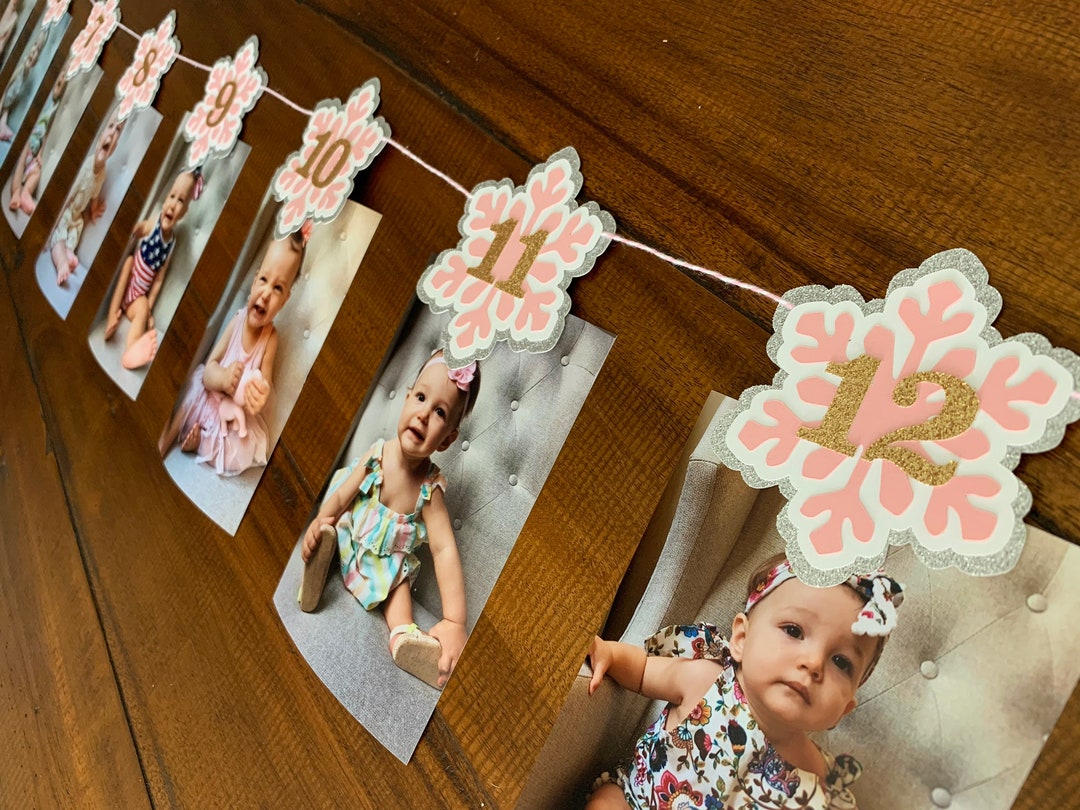 Adorable Snowflake Monthly Photo Banner For Baby's First Birthday - Pink Winter Onederland Theme - View #7