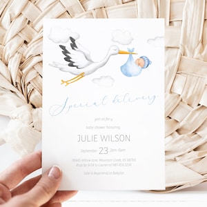 Editable Special Delivery Baby Shower Invitation - Stork Bird With Baby Boy in Blanket Flying Delivery Baby Shower Invitation PDF 5x7