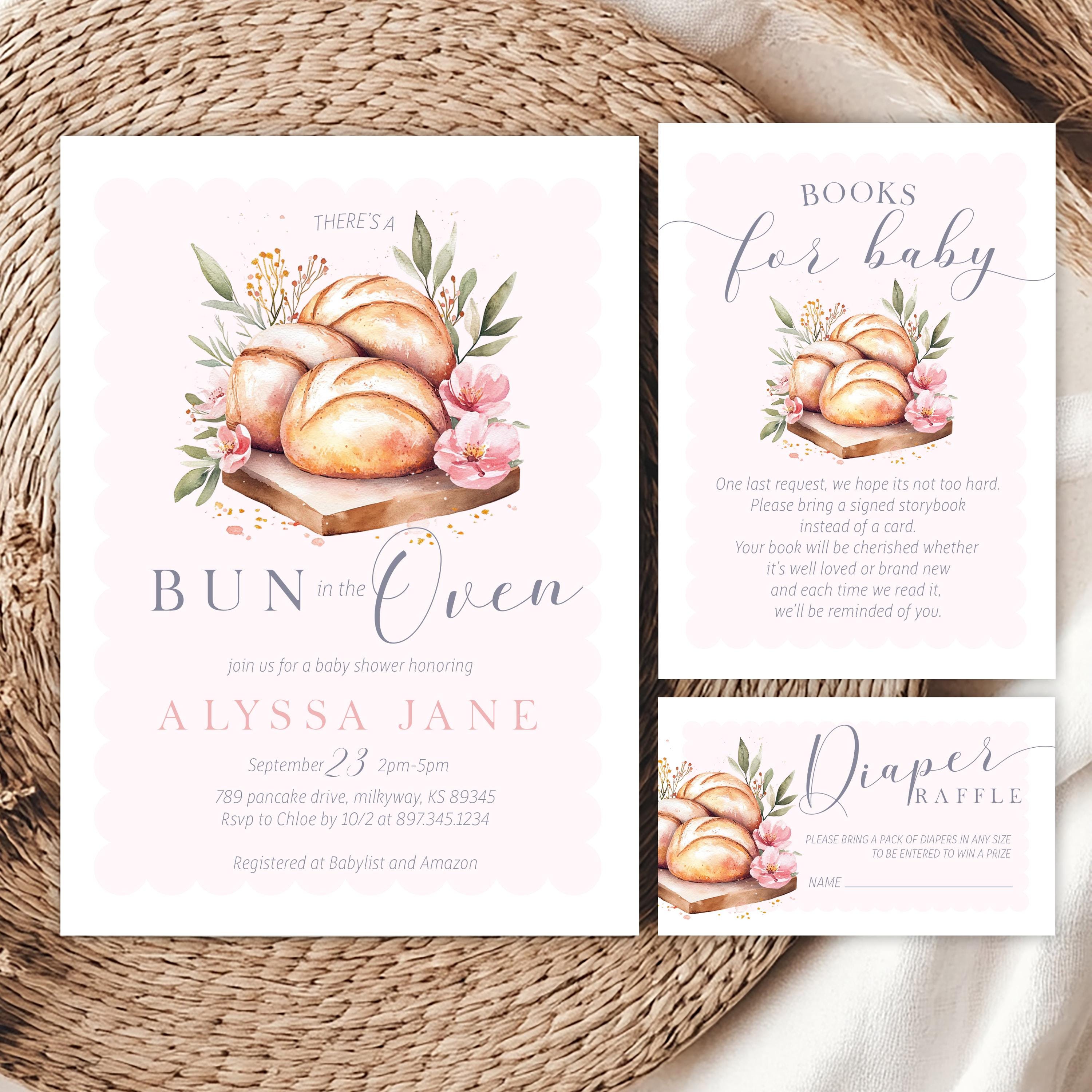 Editable Bun in the Oven Girl Baby Shower Invitation - Pink Baby floral Girl Sourdough Baker books for baby- Diaper Raffle Shower Bundle PDF