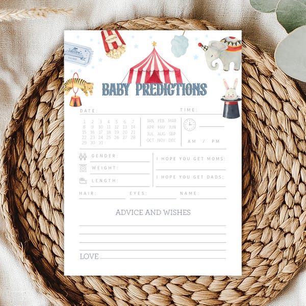 Bearbeitbar Come One Come All Zirkus Junge Babyparty Spiel - Karneval Aquarell Baby Voraussagen & Wunsch Ratschläge Zirkus Babyparty Spiel 5x7 PDF