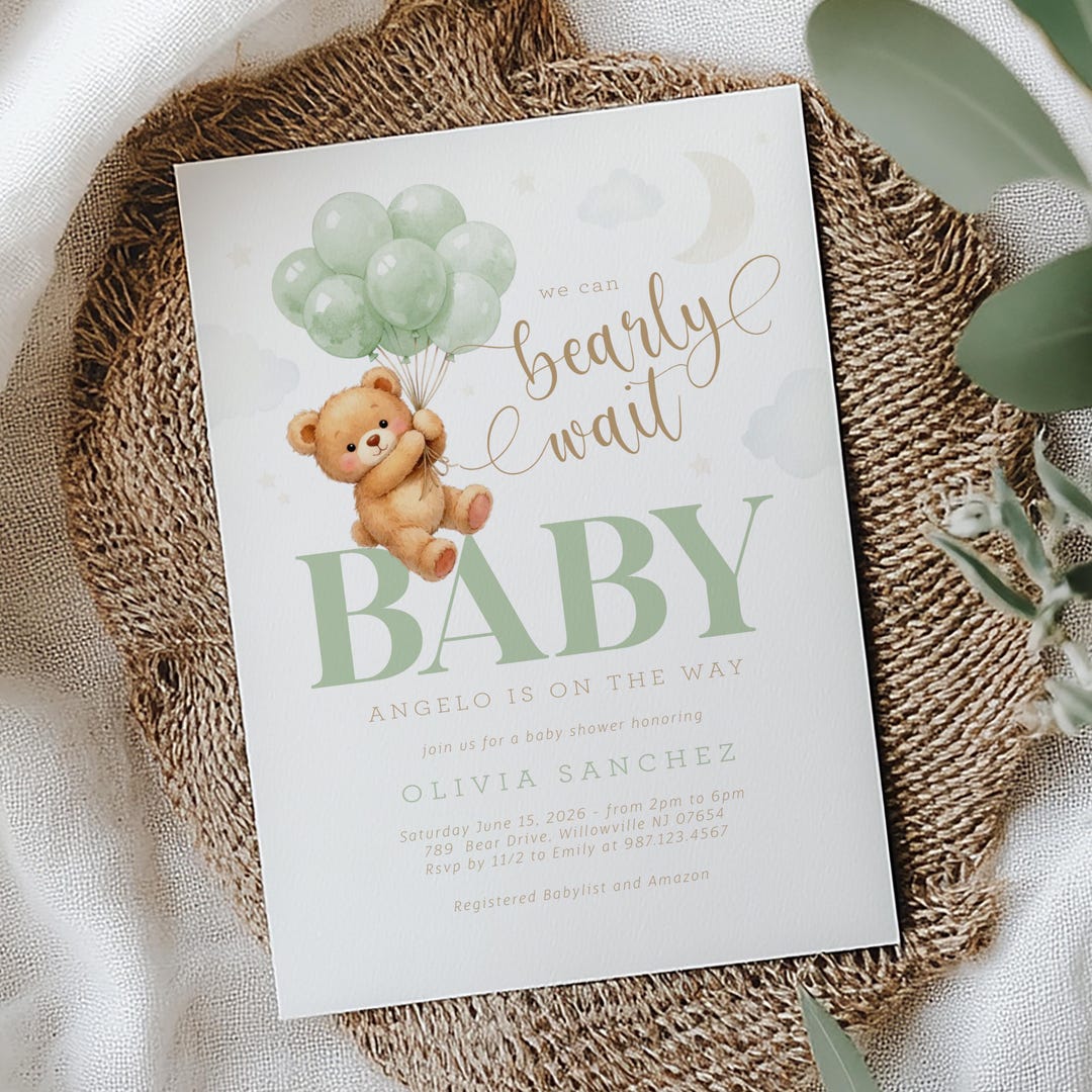 Editable Bear Balloon Baby Shower Invitation - We Can't Bearly Wait ...