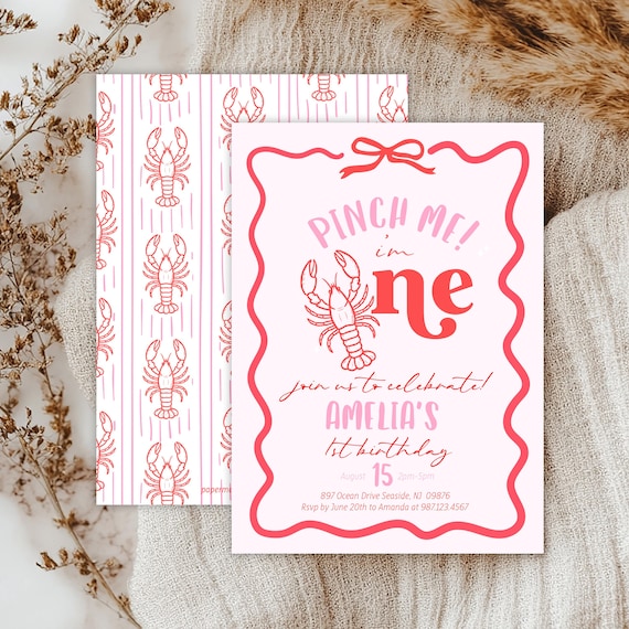 Editable Pinch Me I'm One Girl Birthday Invitation - Lobster Broil 1st Birthday Nautical Low Country Crawfish Boil Summer Invitation 5x7 PDF