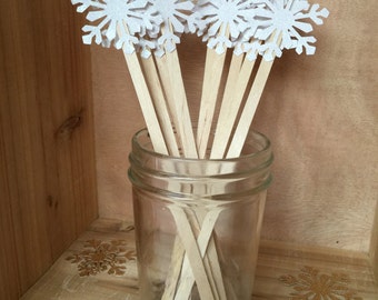 12 Glitter Snowflake Winter Wonderland Wooden Coffee Stirrers - Hot Chocolate Bar Stirrers - Winter Onederland Party