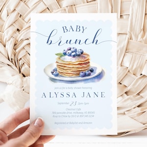 Editable Blueberry Pancake Brunch Shower Invitation - Boy Blue Gingham Baby Brunch Blueberry Pancake Baby Shower Invitation 5x7 PDF