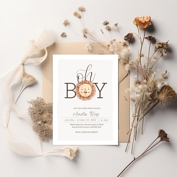 Editable Boho Lion Baby Shower Invitation - Lion King Baby Shower - Safari Lion Wild Shower Invitation - Bohemian Baby Lion Invite 5x7 PDF