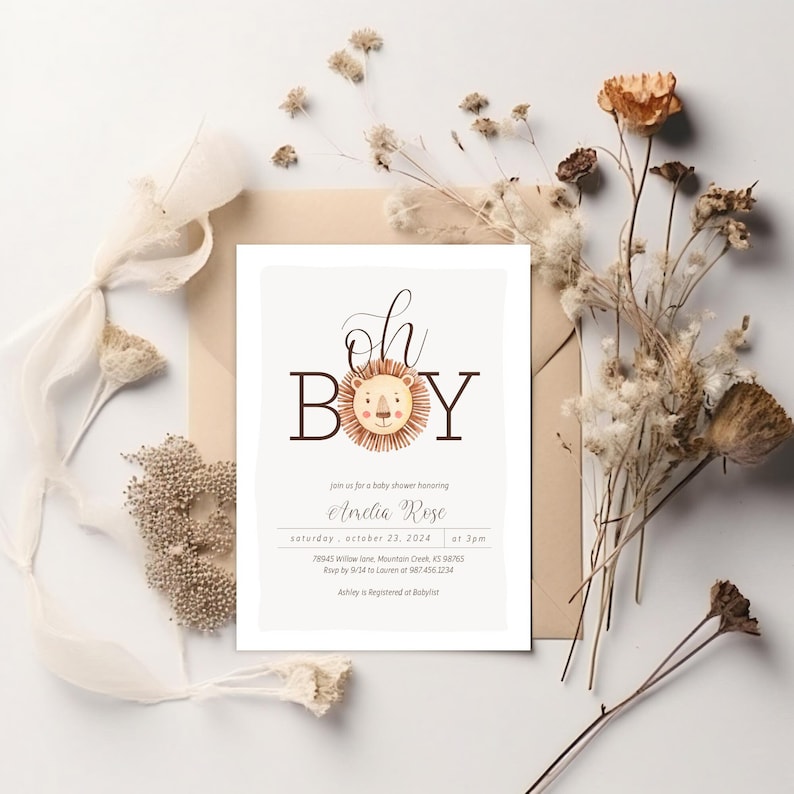 Op de afbeelding: Een uitnodiging voor een babyshower met een leeuwenillustratie en de tekst "oh BOY" in bruine letters. De uitnodiging bevat de naam "Amelia Rose", de datum "23 oktober 2024" en de tijd "15:00 uur".