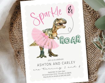 May include: A white invitation card with a watercolor illustration of a dinosaur wearing a pink tutu. The text "Sparkle & Roar" is written in pink and green. The invitation is for a birthday party.