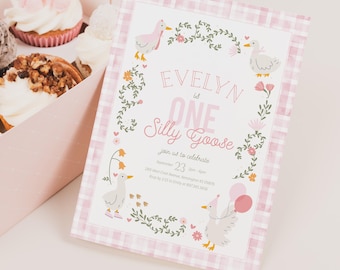 Editable One silly Goose Girl Birthday Invitation - First Birthday Goose Invitation - Goose Pink Gingham Invitation 5x7 PDF