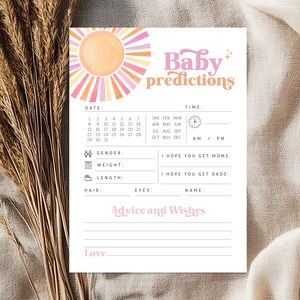 Biglietti d'auguri modificabili per baby shower "A Little Ray of Sunshine" - Biglietto d'auguri per il bambino - Biglietto con previsioni "Pink Girl Here Comes the Sun" in formato PDF 5x7